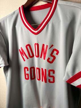 Vintage 80s Wilson Moon's Goons V-Neck Baseball Jersey Gray Red Large Made in US